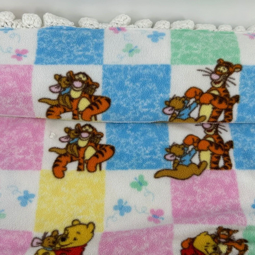 Handmade Winnie the Pooh & Friends Fleece Baby Blanket Reversible Crochet Pastel